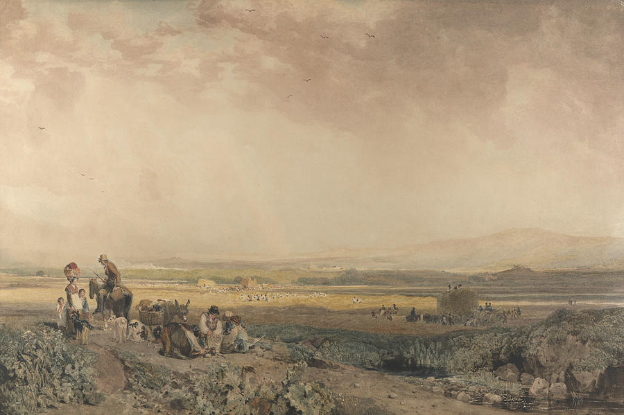 Harvesters in Landscape in Sussex Drawing by Peter De Wint