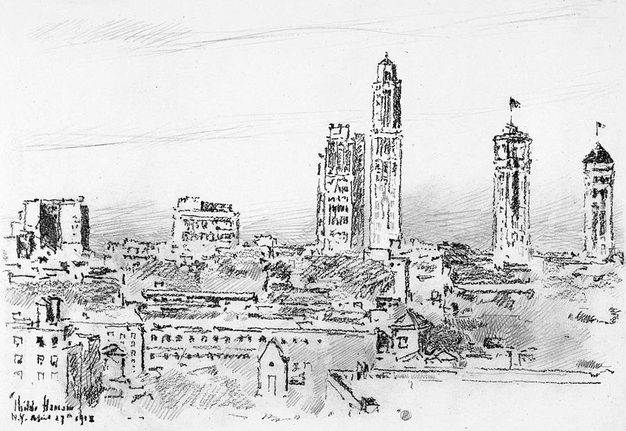 New York Skyline, Light Buildings, 1918 Drawing by Childe Hassam