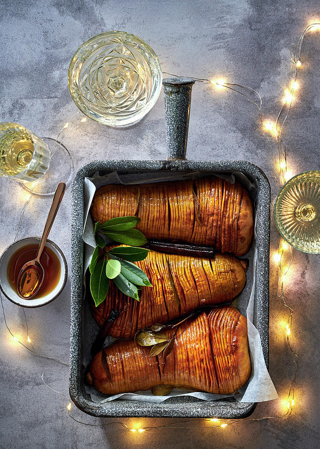 Hasselback Butternuts With Bay Leaves, Cinnamon And Sage Photograph by Great Stock!