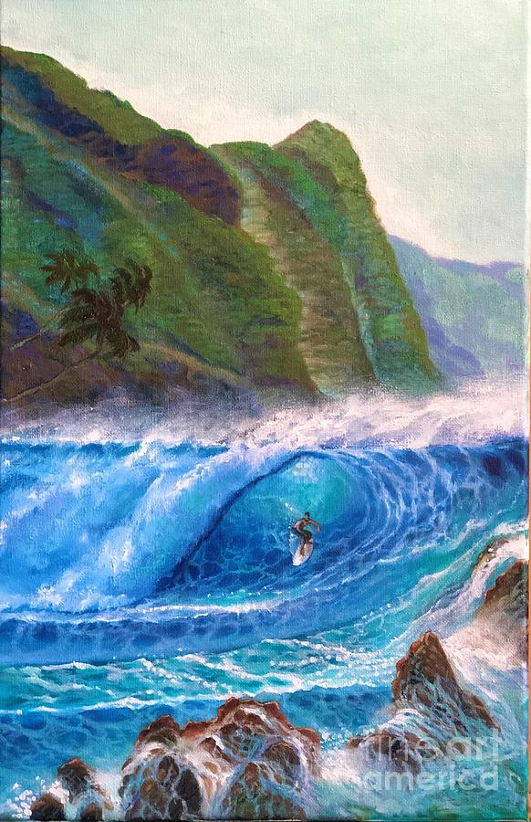 Hawaii Waiamea Bay Beach Surf Painting by Leland Castro