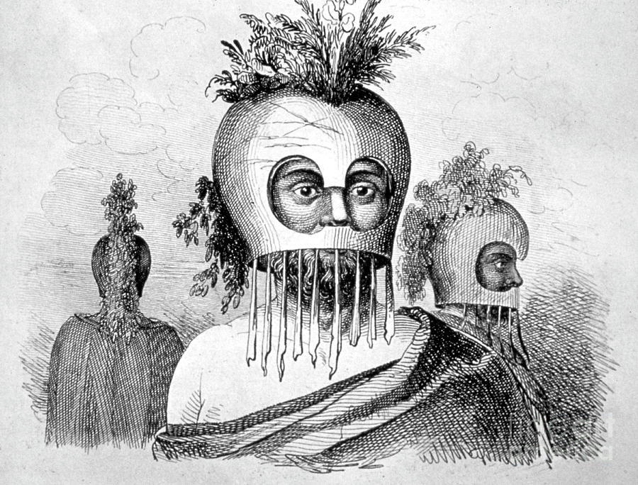 Hawaiian Man Wearing A Gourd Mask, 18th Drawing by Print Collector