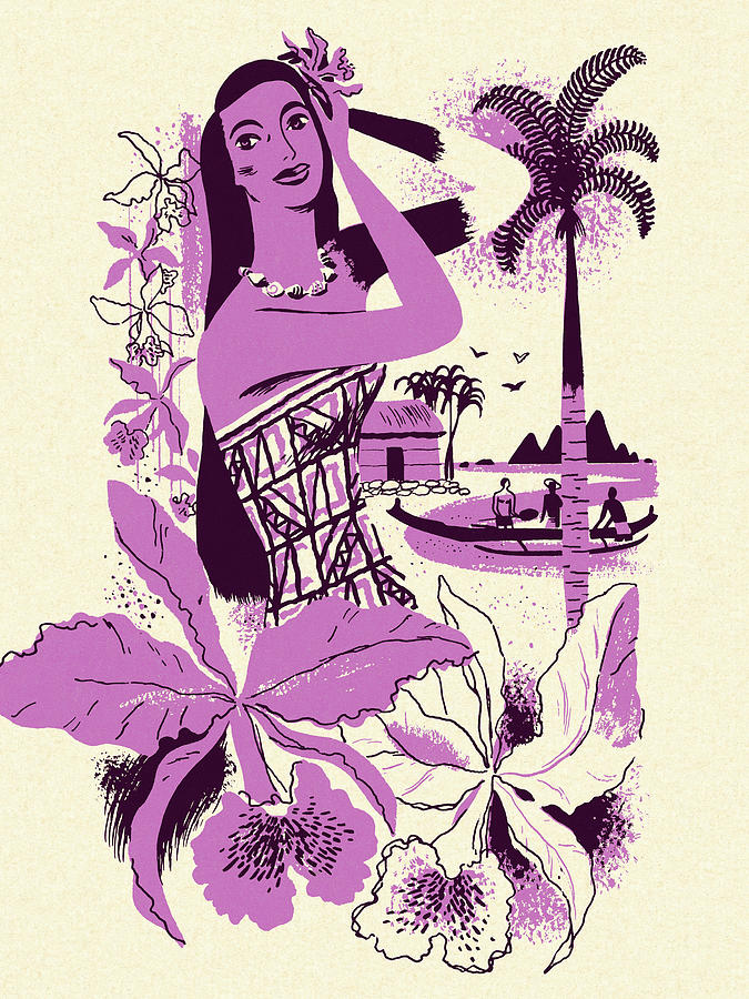 Orchid Drawing - Hawaiian Woman and Flowers by CSA Images