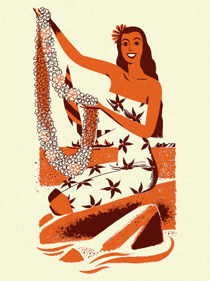 Vintage Drawing - Hawaiian Woman Holding a Lei by CSA Images