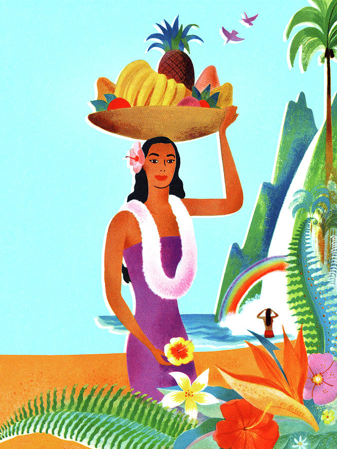 Paradise Drawing - Hawaiian Woman with a Fruit Basket on Her Head by CSA Images
