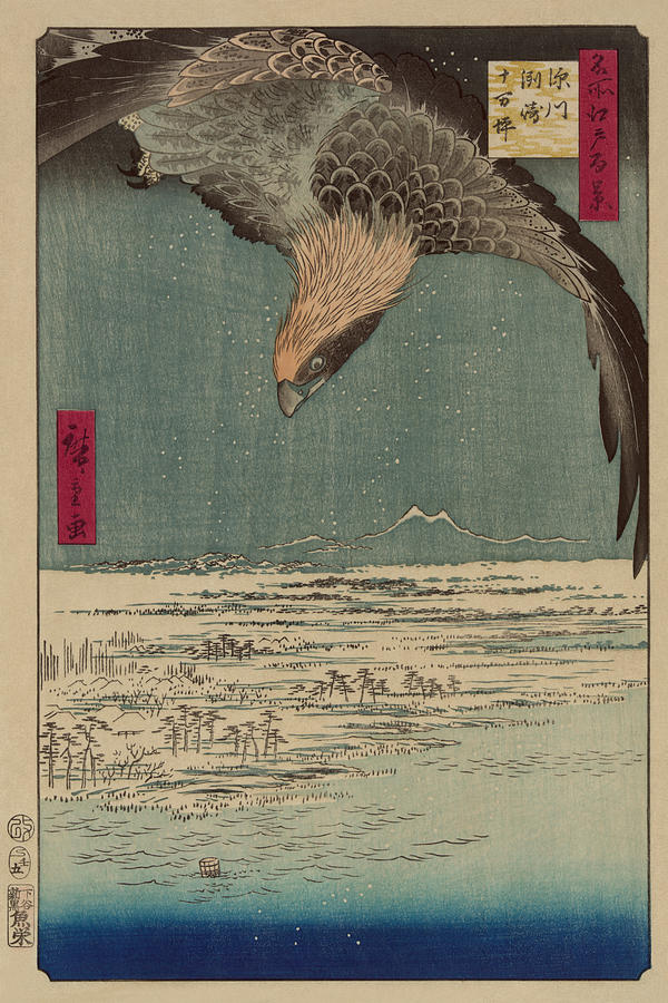 Hawk flying above a snowy landscape along the coastline. Painting by Ando Hiroshige
