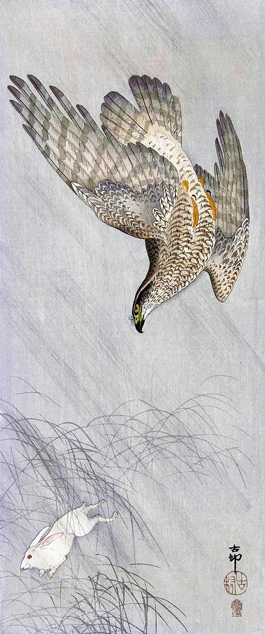Hawk hunting rabbit - Digital Remastered Edition Painting by Ohara Koson
