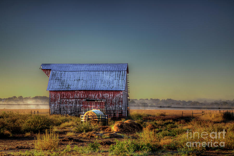 Farm Photograph - Hay Bale by a Barn at Dawn.  by Larry Braun