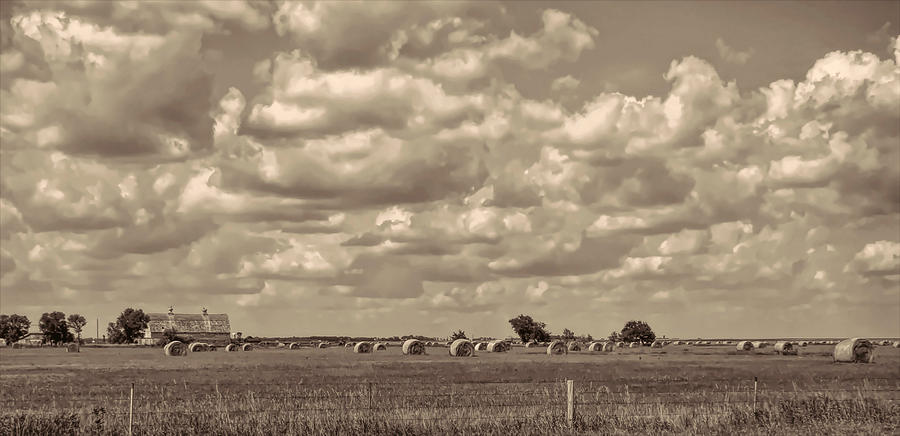 Hay Bales and Barn Panorama in BW  Photograph by Cathy Anderson