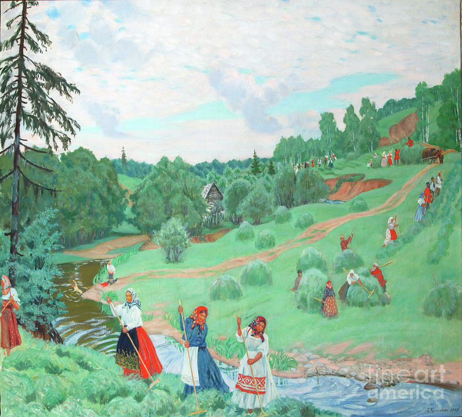 Hay Making, 1917. Artist Kustodiev Drawing by Heritage Images