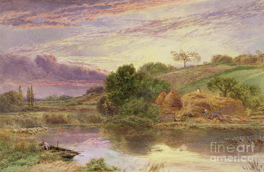 Haymakers Beside A River At Evening Painting by Myles Birket Foster