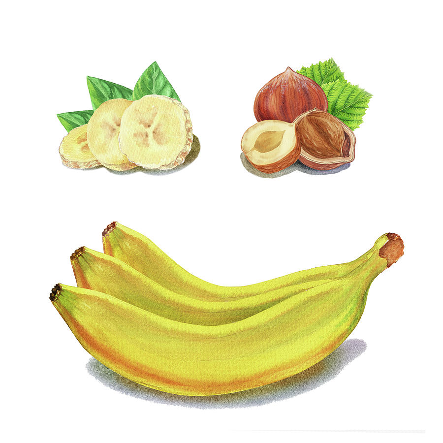 Hazelnut Banana Smile Watercolor Food Illustration Painting by Irina Sztukowski