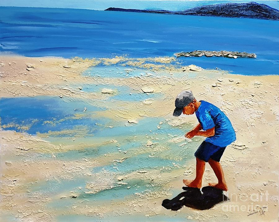 Hazy blue hill and turquoise sea,  Endless beach brushed with sand  Painting by Eli Gross