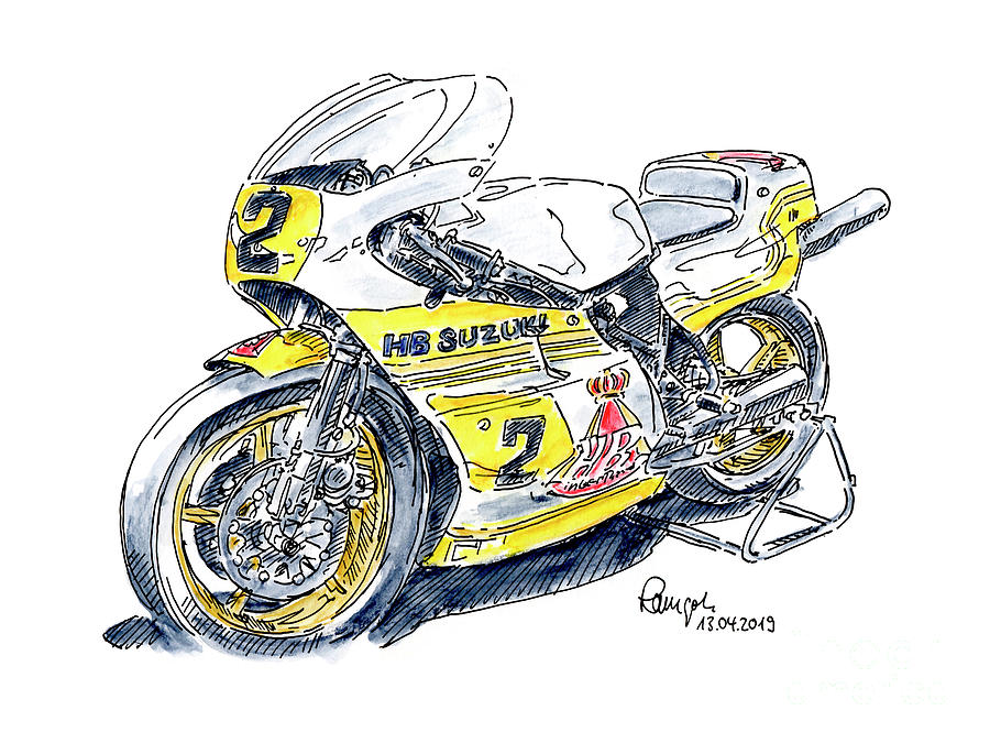 Motorbike Drawing - HB Suzuki Racing Motorcycle Ink Drawing and Watercolor by Frank Ramspott