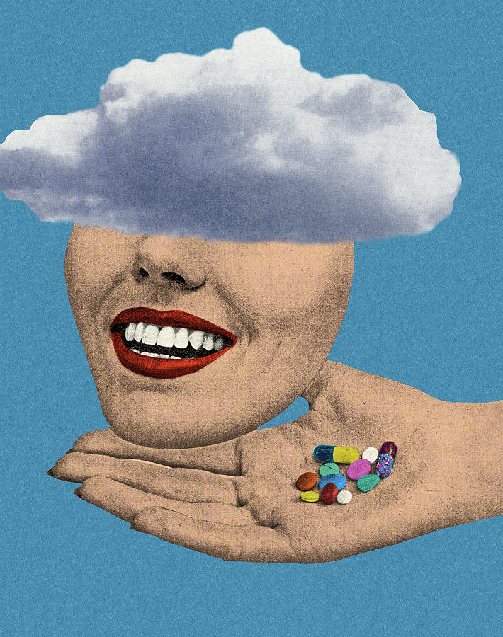 Vintage Drawing - Head in the Clouds with Pills by CSA Images