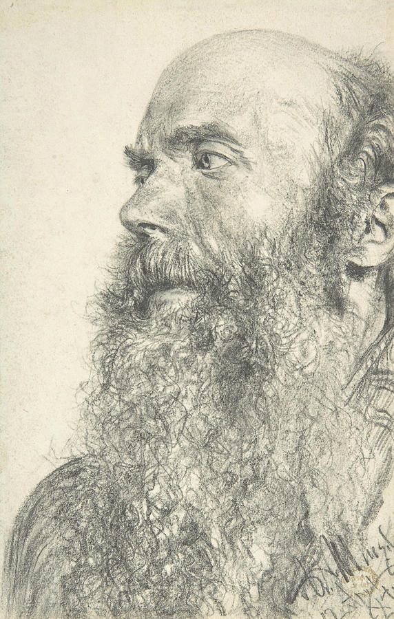 Head of a Bearded Man Drawing by Adolph Menzel