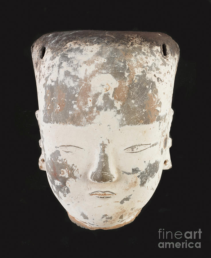 Chinese Mixed Media - Head Of A Lady Earthenware With Traces Of White Slip And Paint by Chinese School