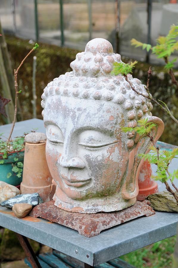 Head Of Buddha Decorating Garden Table Photograph by Revier 51