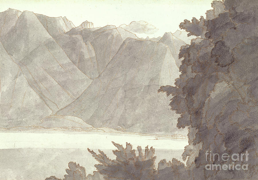 Head Of Lake Geneva, Pen And Ink And Wash Painting by Francis Towne