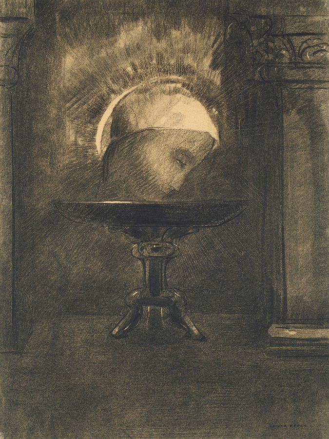 Head Wearing a Phrygian Cap, on a Salver Drawing by Odilon Redon