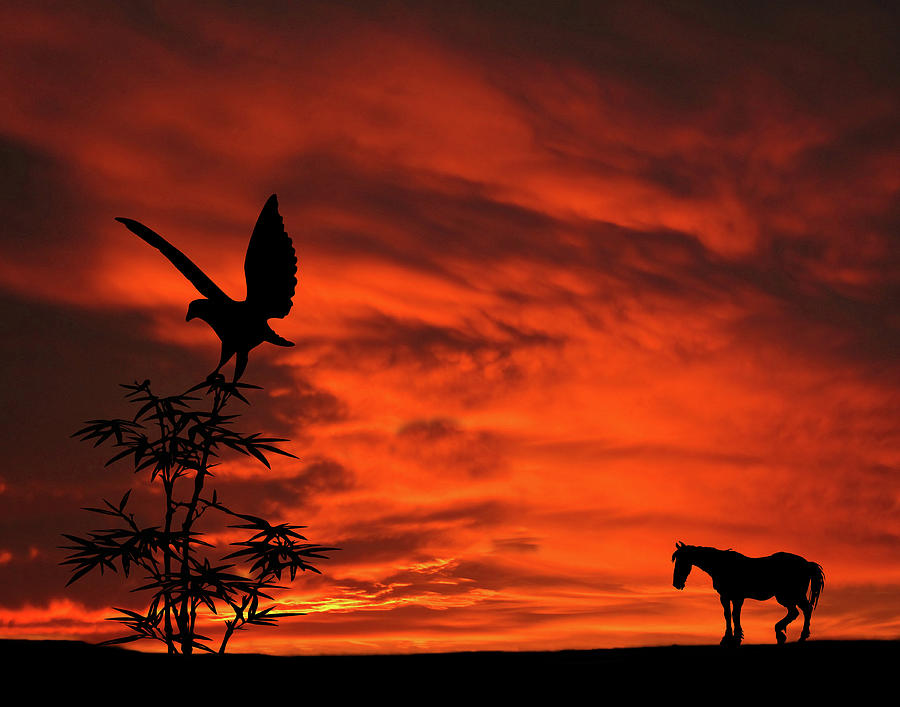 Heading Home Horse Eagle Sunset Silhouette Series   Mixed Media by David Dehner