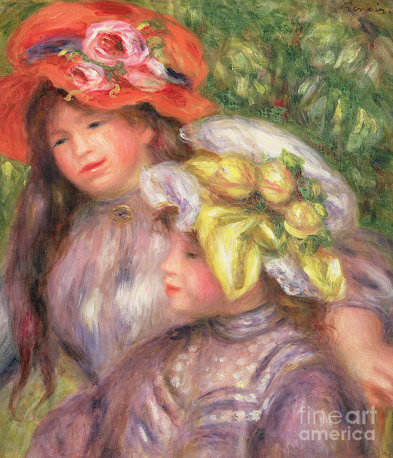 Heads of Two Girls with Hats Painting by Pierre Auguste Renoir