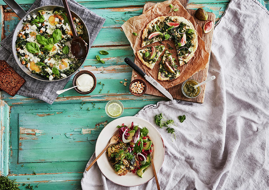Healthy Brunch - Shakshuka, Cauliflower Pizza With Pesto And Figs And Qorn Meatloaf Photograph by Fanny Rdvik