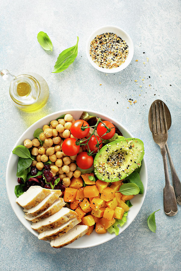 Healthy Lunch Protein Bowl With Chicken, Chickpeas, Roasted And Fresh Vegetables And Everything Bagel Spice Photograph by Elena Veselova