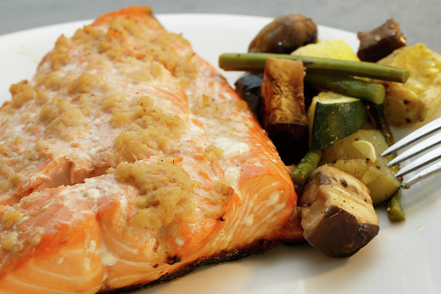 Healthy Salmon dinner with roasted vegetables  Photograph by Kyle Lee