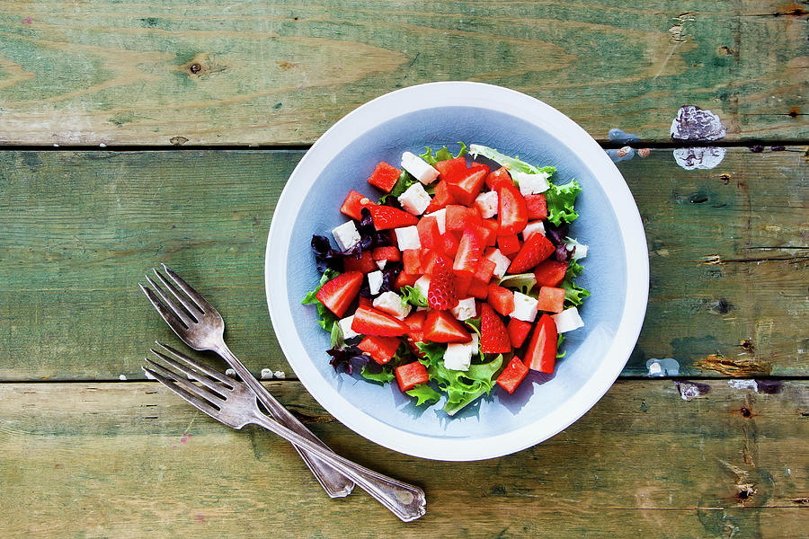 Healthy Summer Watermelon Feta Salad With Arugula And Fresh Strawberry On Wooden Background Photograph by Yuliya Gontar