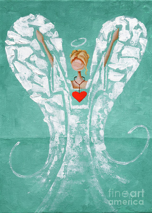 Heard on High Angel - teal heart Painting by Annie Troe