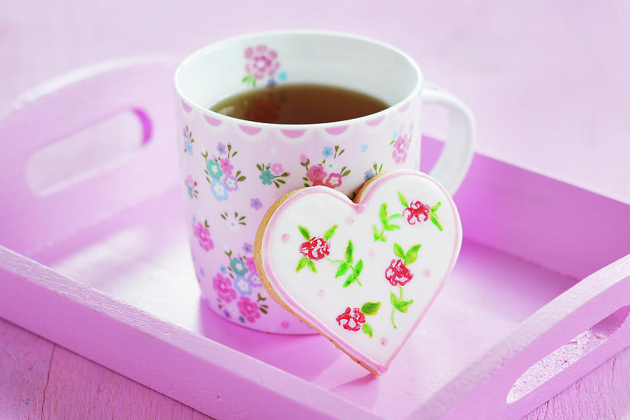 Tea Photograph - Heart Cookies Hand-painted With Floral Motifs by Mariola Streim