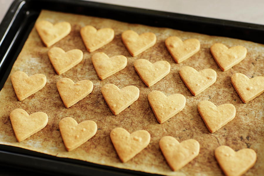 Heart Cookies On Oven Tray Photograph by Sot