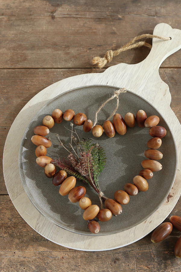 Heart Of Threaded Acorns On Plate On Board Photograph by Regina Hippel
