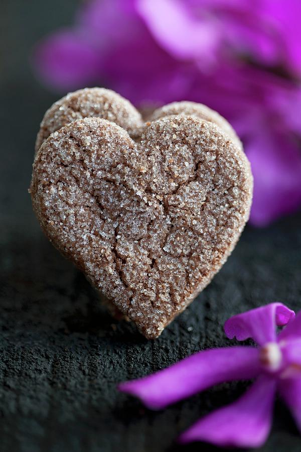 Heart-shaped Chocolate And Almond Biscuits With Sugar Photograph by Martina Schindler