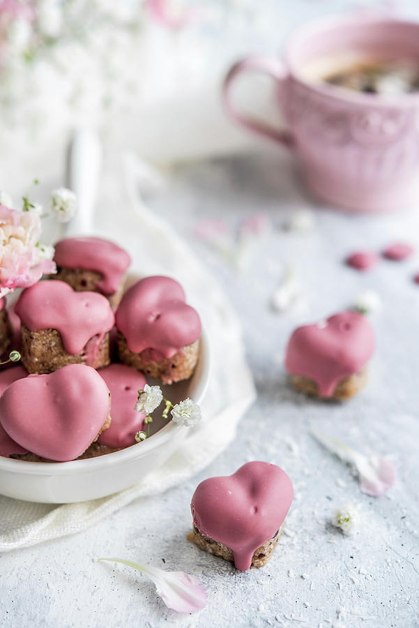 Heart-shaped Date Truffles Covered In Pink Ruby Chocolate Photograph by Diana Kowalczyk