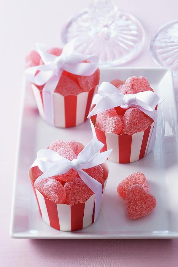 Heart-shaped Fruit Jellies In Muffin Cases As Gifts For Guests Photograph by Taube, Franziska