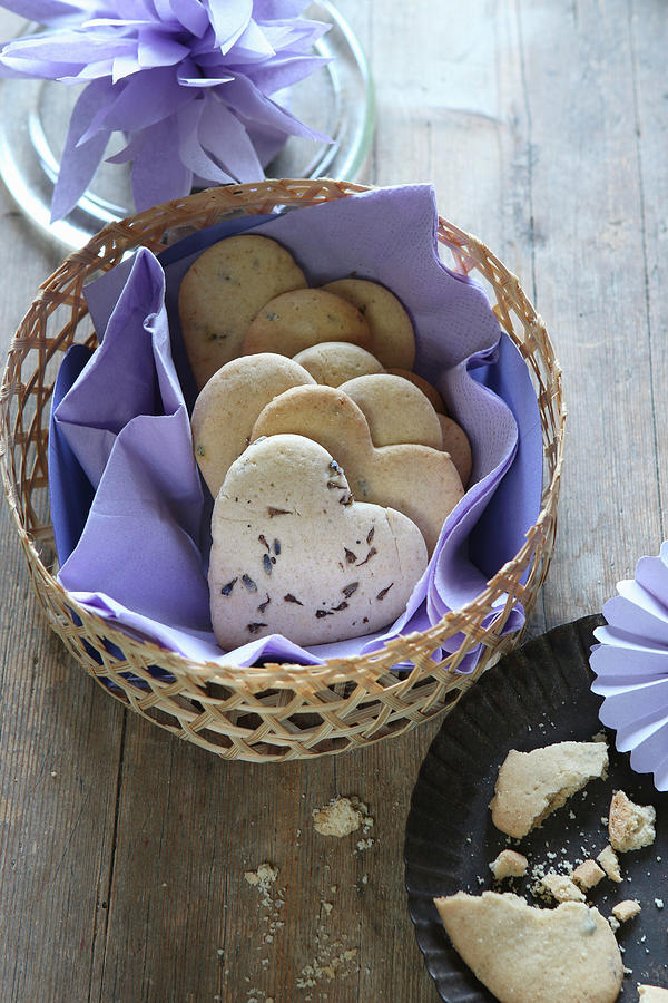 Heart-shaped, Gluten-free Lavender Shortbread Biscuits In A Basket With A Purple Napkin Photograph by Regina Hippel