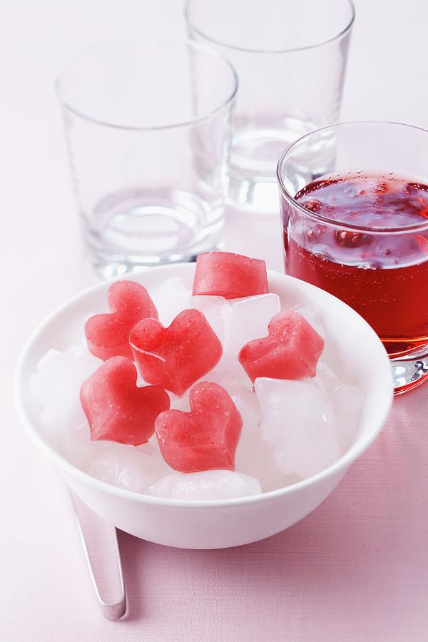 Heart-shaped Ice Cubes Made From Fruit Juice Photograph by Taube, Franziska