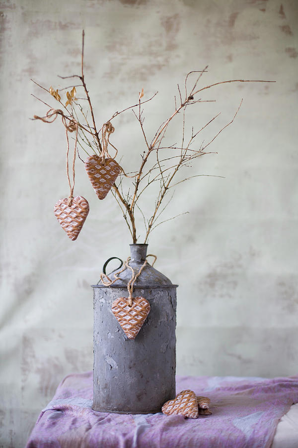 Heart-shaped Pendants With Waffle Structure On Branches In Old Metal Can Photograph by Alicja Koll