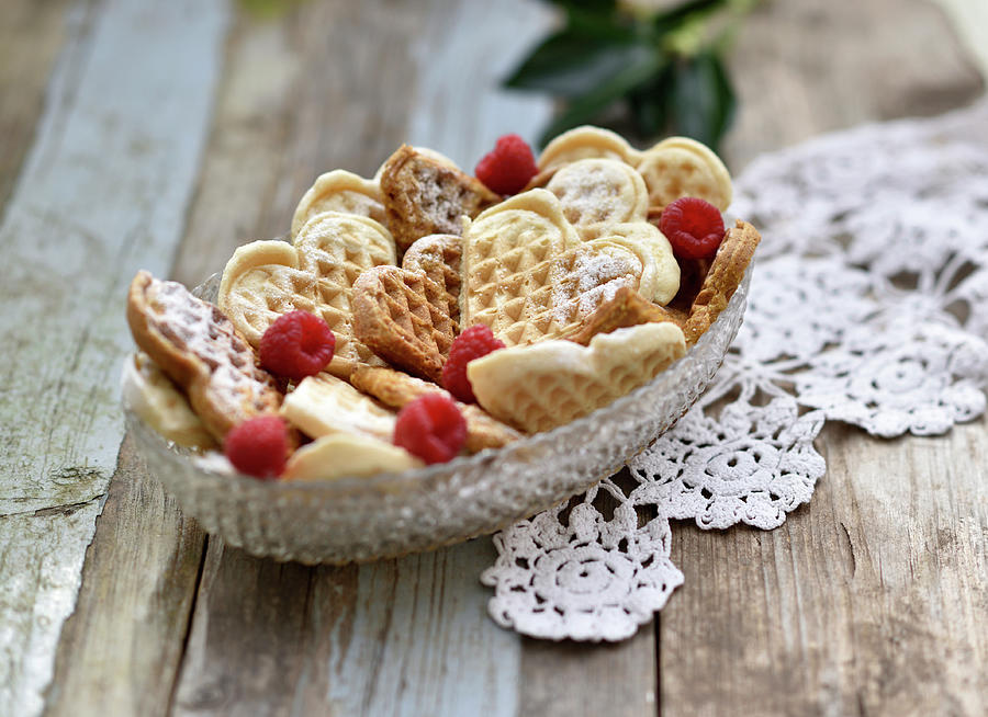 Heart Shaped Waffles In A Glass Bowl vegan Photograph by B.b.s Bakery