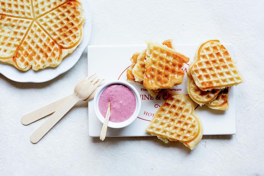 Heart Shaped Waffles With Cherry Sauce Photograph by Claudia Timmann