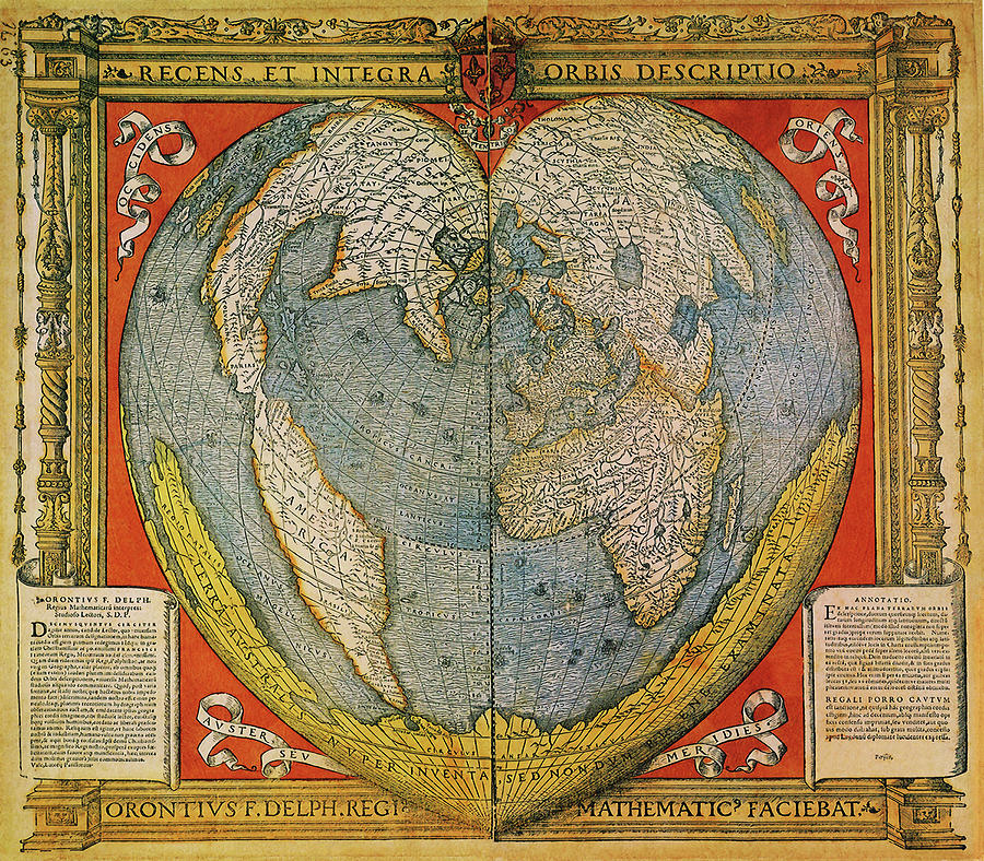 Vintage Mixed Media - Heart Shaped World Map Stabius-werner Projection 1500 by Vintage Lavoie