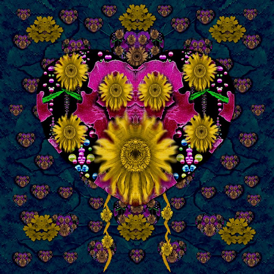 Hearts And Sun Flowers In Decorative Happy Harmony Mixed Media