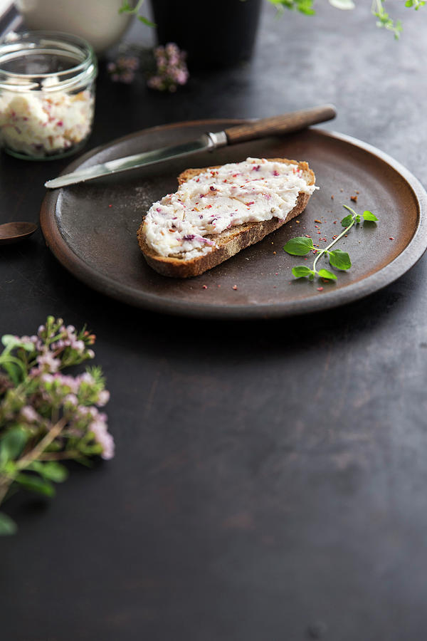 Hearty, Vegan Shea Butter Spread On Bread With Onion And Apple Photograph by Flora Emmer