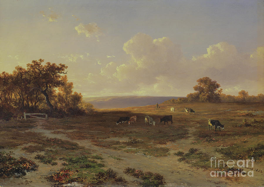 Cow Painting - Heath Landscape With Cows, 1852 by Francois Auguste Ortmans