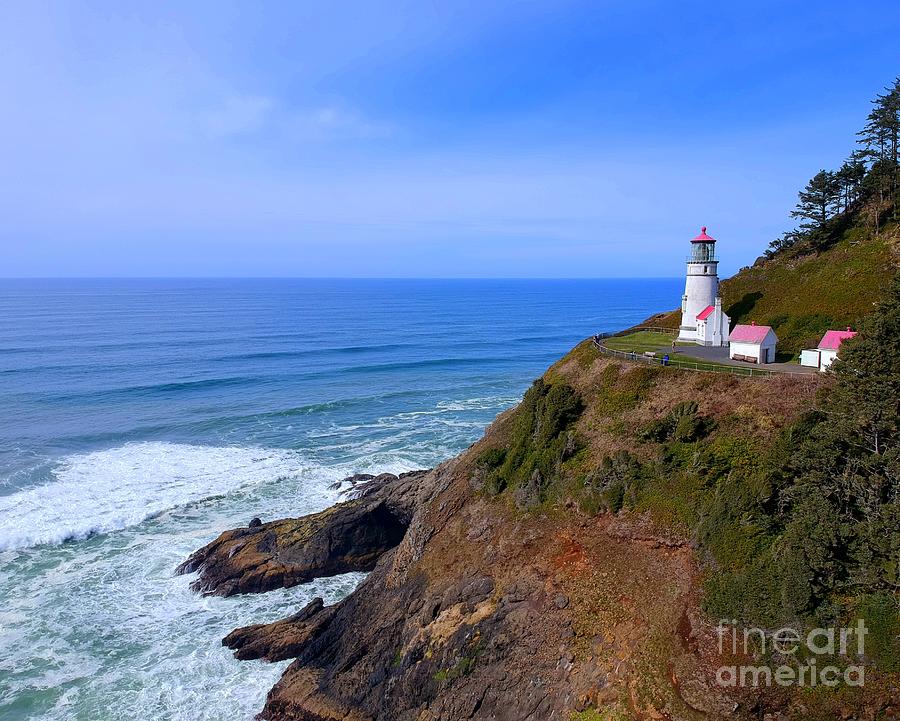 Nature Photograph - Hecta Head Lighthouse aerial Oregon Coast by Charlene Cox