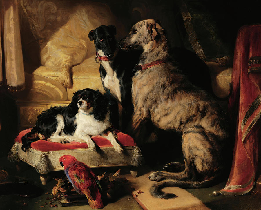 Edwin Landseer Painting - Hector, Nero, and Dash with the parrot, Lory, 1838 by Sir Edwin Landseer