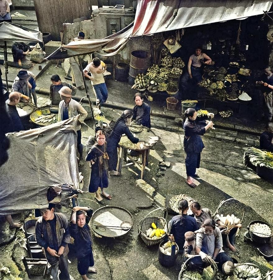Hedda Morrison - Street market in Kowloon Peninsula, Hong Kong, 1946-47 colorized by Ahmet Asar Painting by Celestial Images