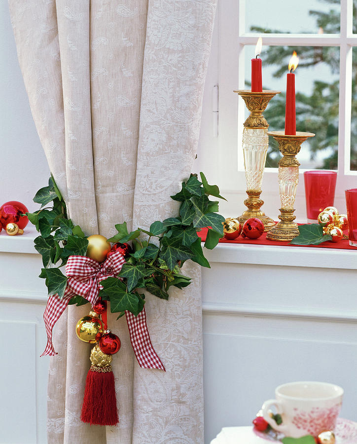 Hedera ivy Decorated Around Curtain Christmassy, Candle Holder Photograph by Friedrich Strauss