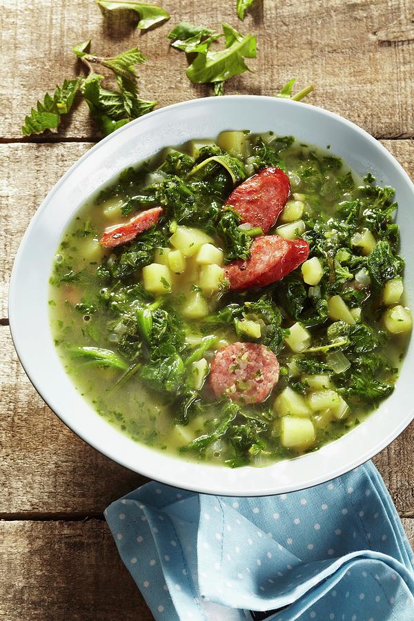 Heggenms stew Made With Wild Herbs, Green Kale And Sausages Photograph by Bjrn Llf